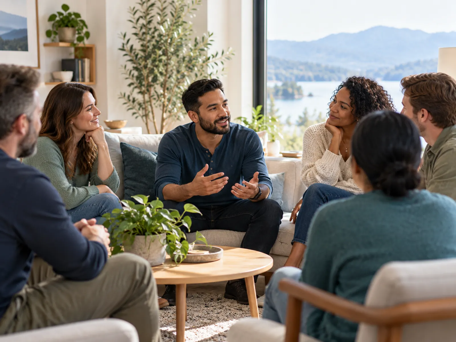A small group sitting in a bright living room, listening to one person share