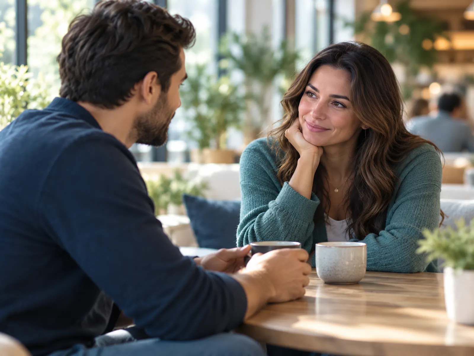 Two people talking over coffee at a sunlit table