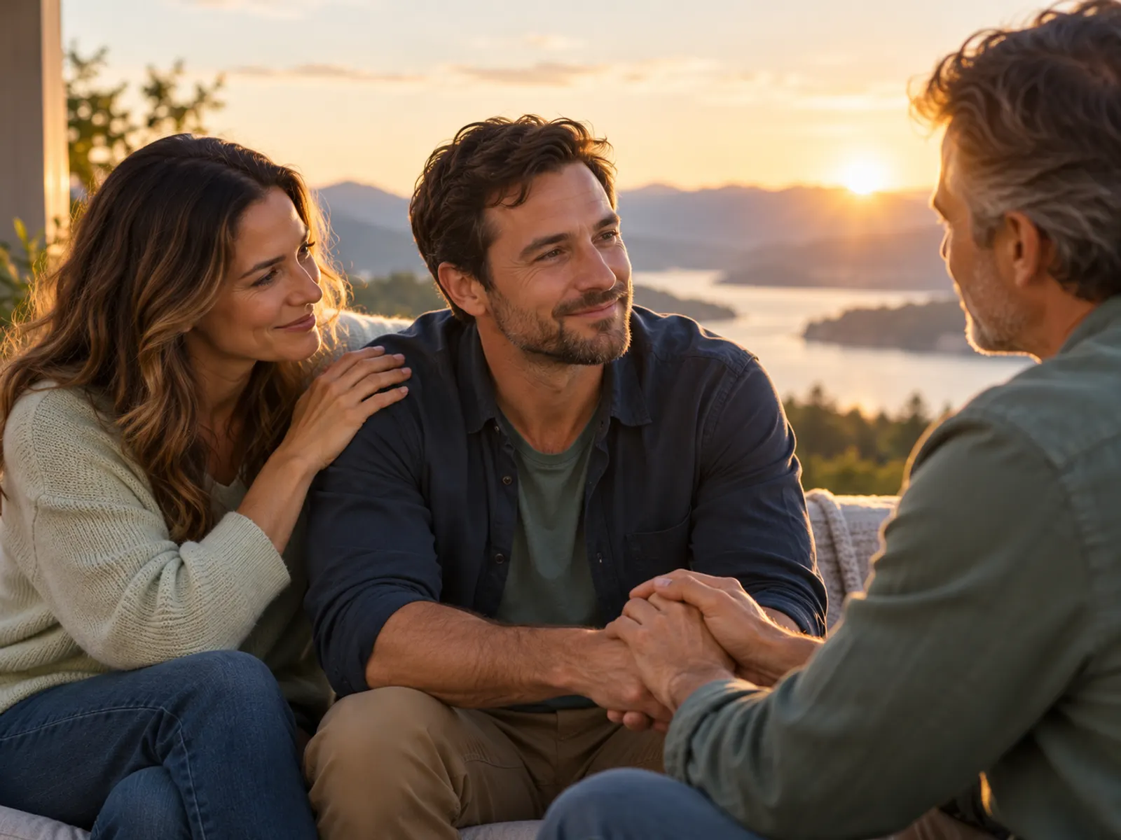 A couple sitting together at sunset, one comforting the other