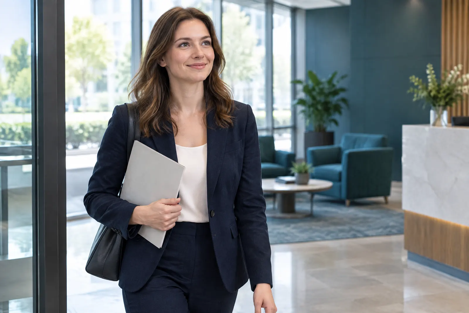 A woman in a navy blazer walking confidently into a bright office lobby holding a folder