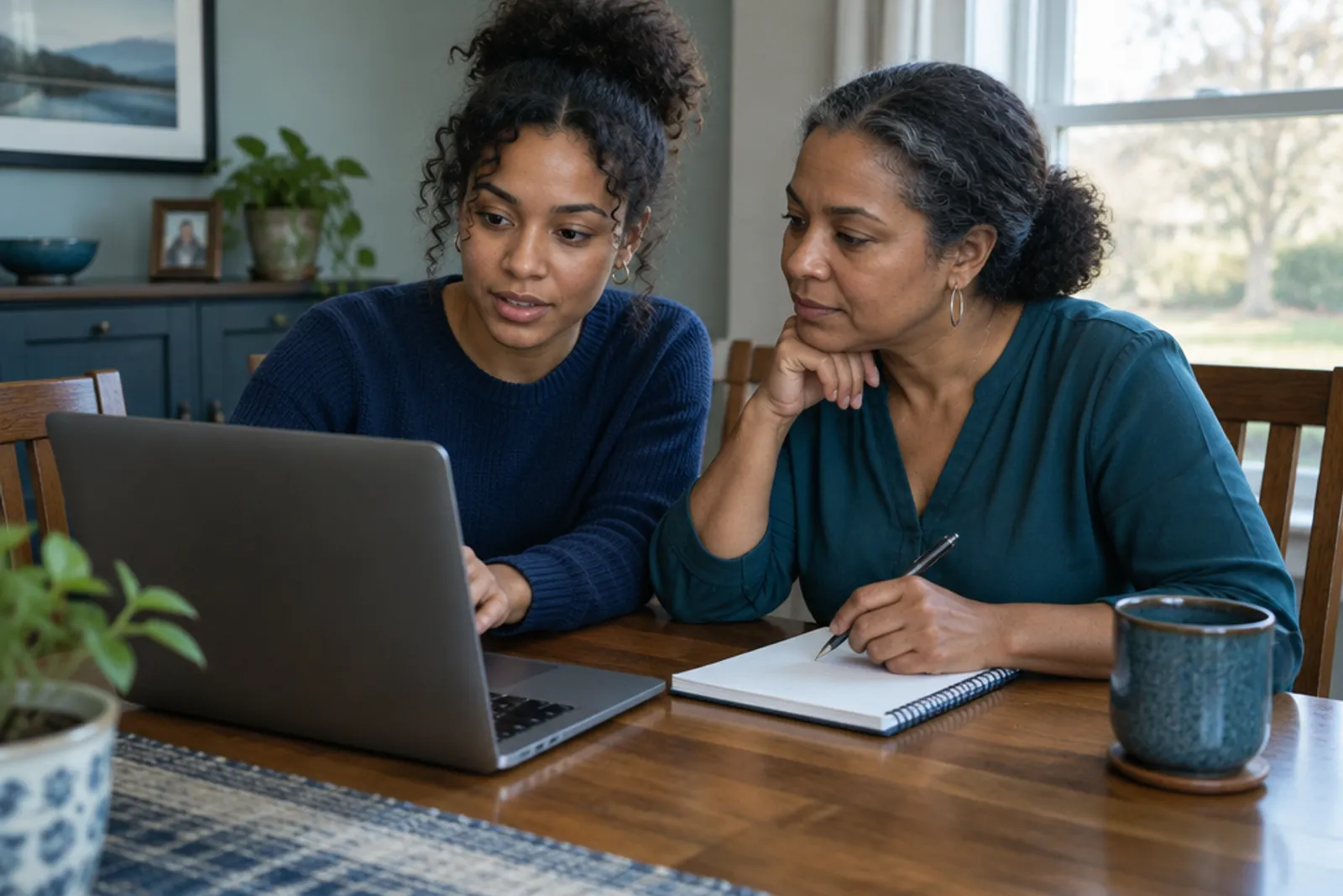 A young woman and her mother researching treatment options together at a dining table with a laptop and notepad