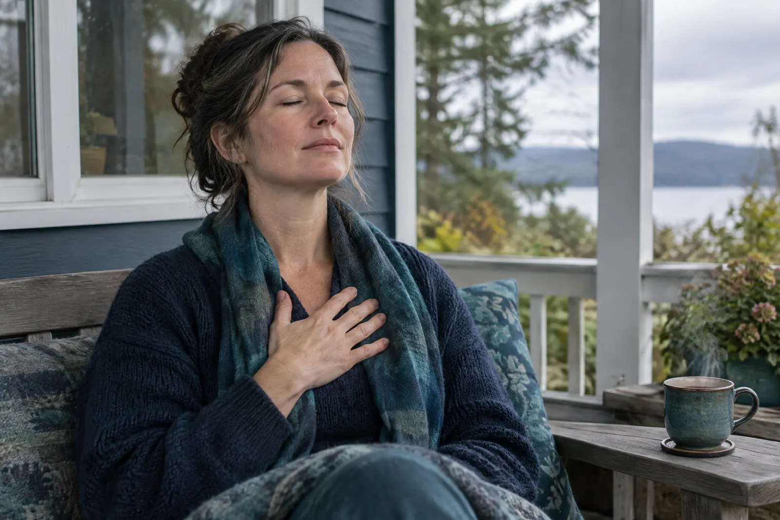A woman on a porch with her eyes closed and a hand on her chest, breathing slowly beside a mug of tea