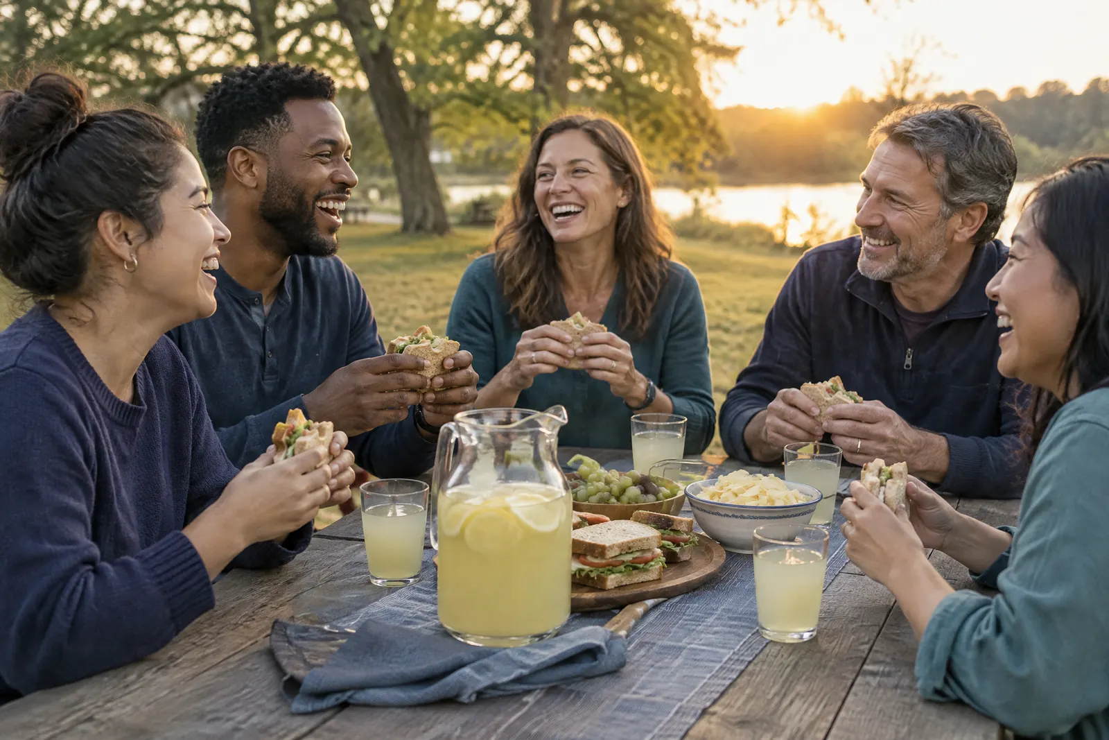 A diverse group of friends laughing together around a picnic table in a park at golden hour