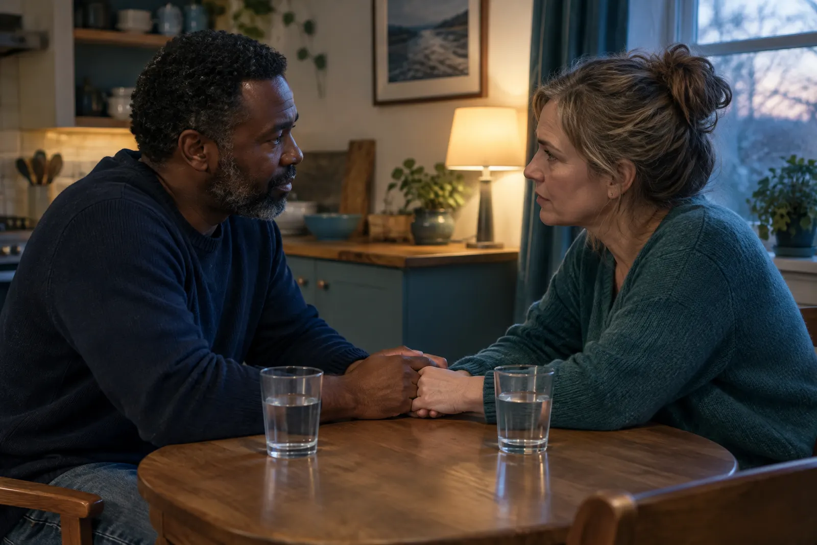 A couple holding hands across a kitchen table during a serious, honest conversation