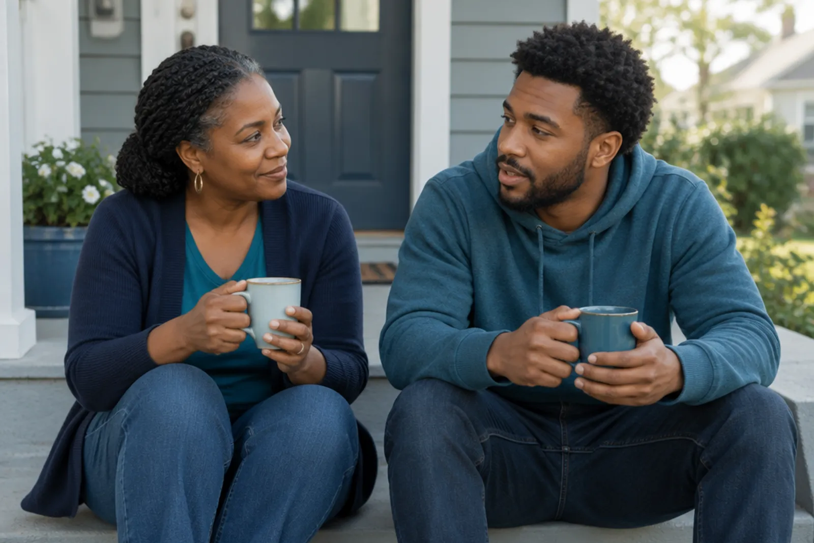 A mother and her adult son sitting on a front porch step with coffee mugs, talking in morning light