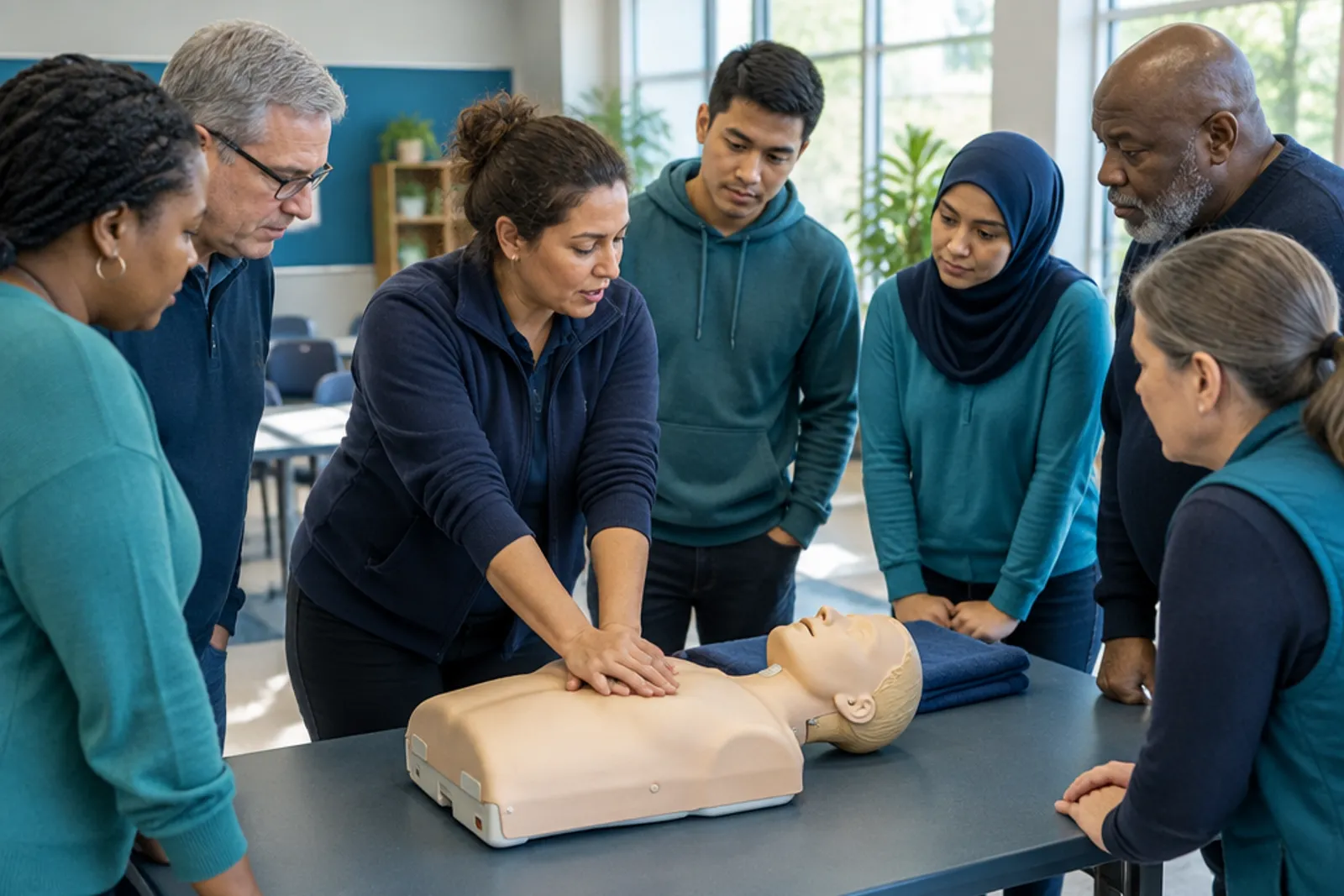 A diverse group of adults at a community workshop watching an instructor demonstrate on a training mannequin
