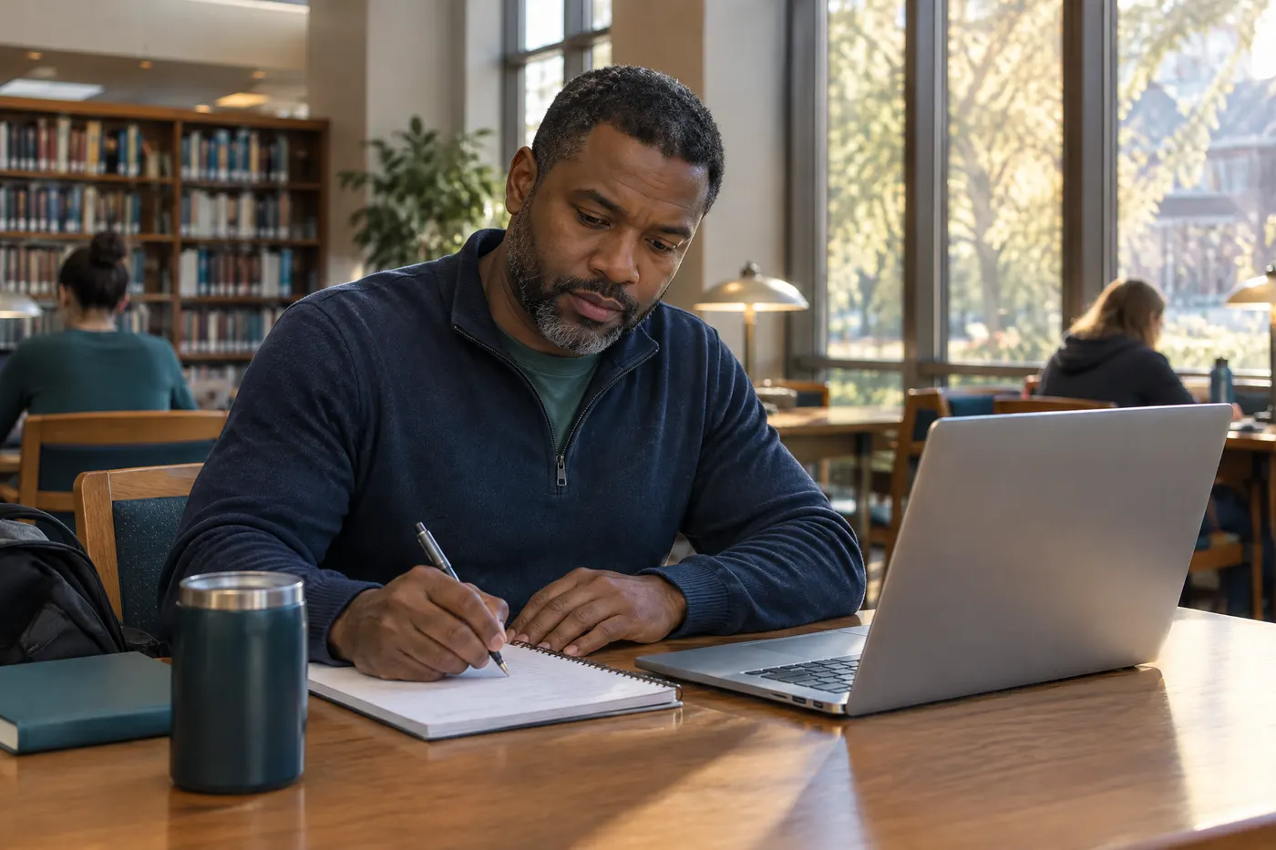A man working on his résumé at a public library table with a laptop and notepad