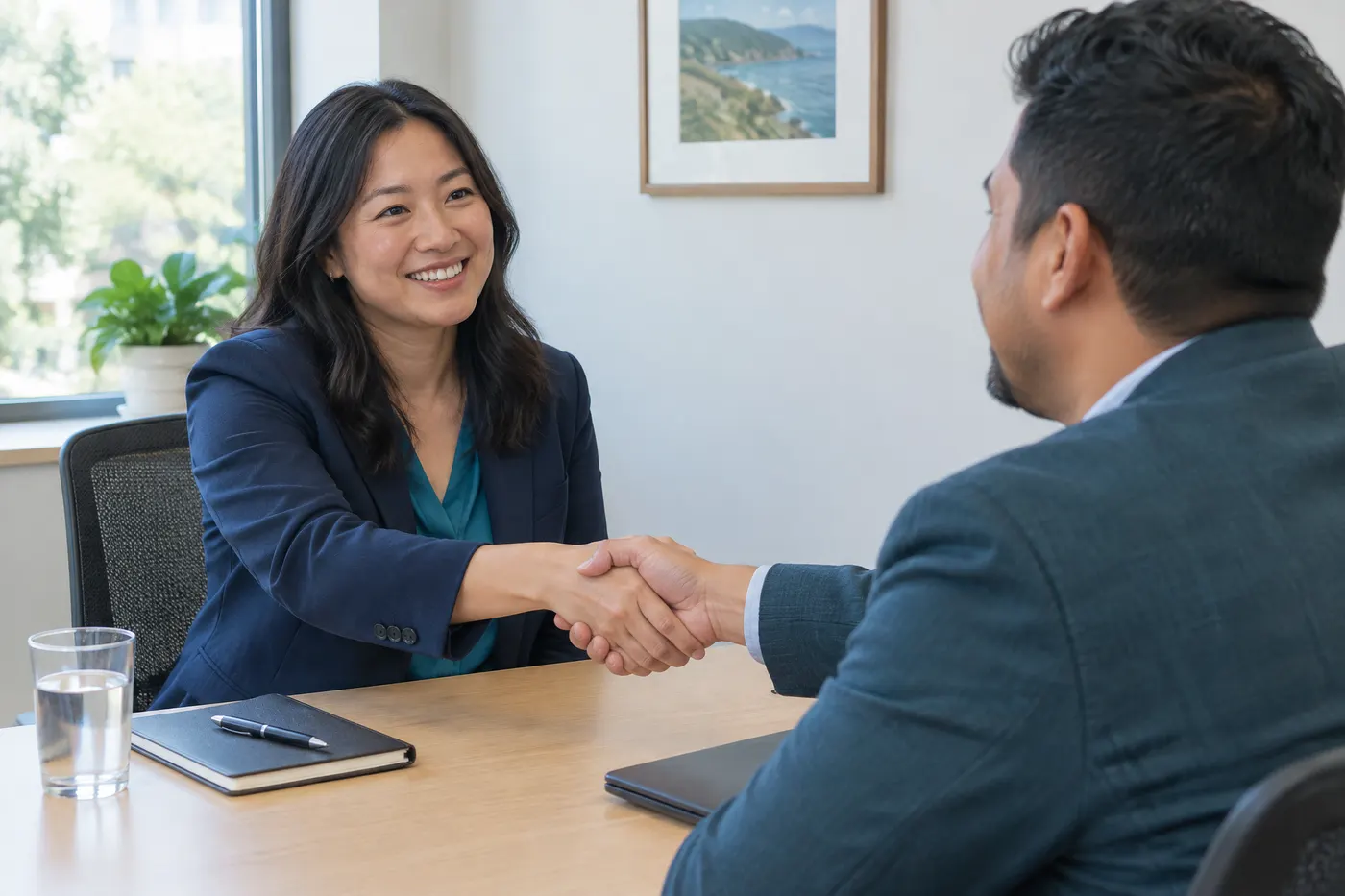 A job candidate shaking hands with an interviewer across a table in a bright conference room
