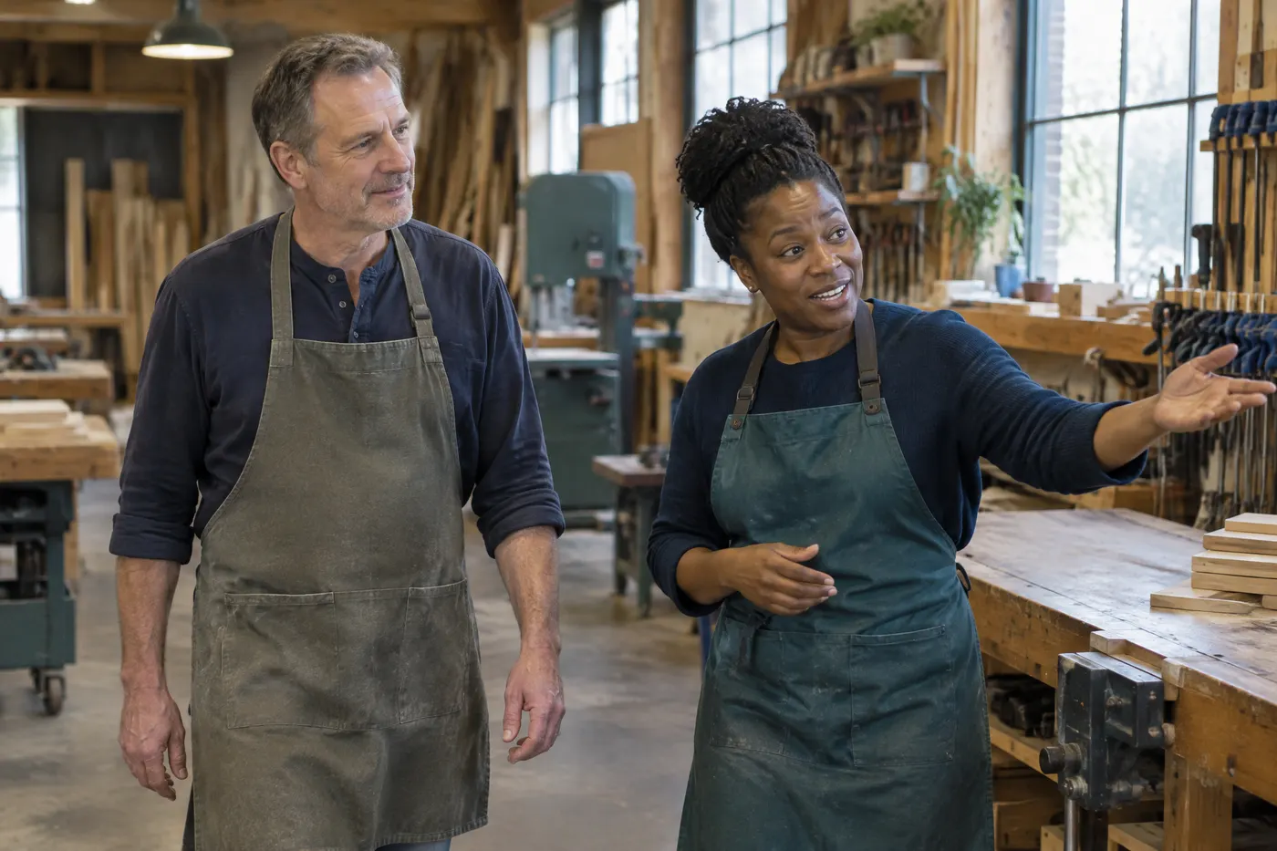 A man in a work apron being shown around a woodworking shop by a friendly coworker on his first day