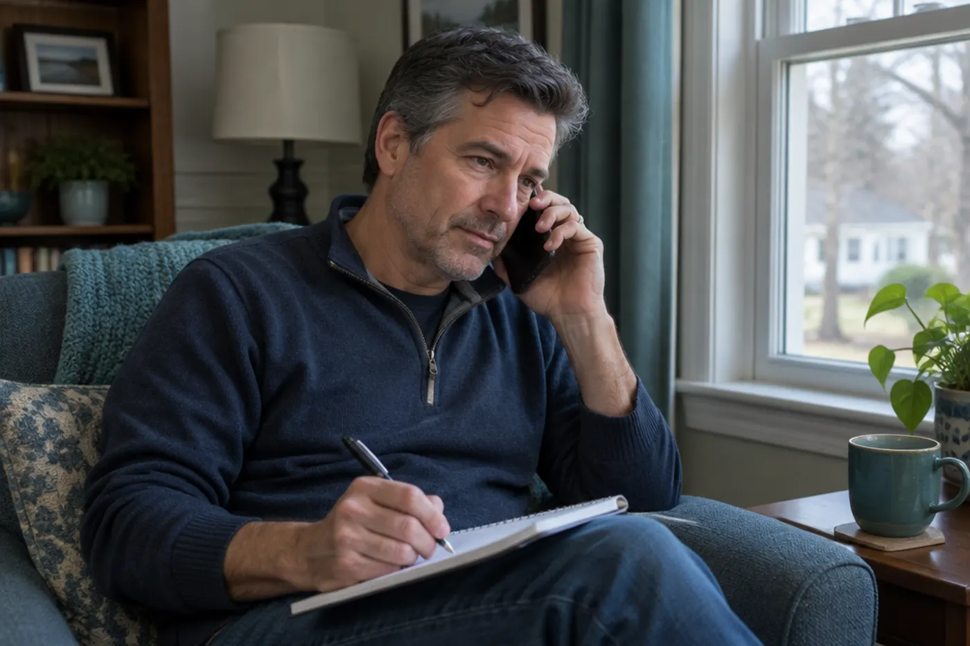 A man in his fifties on a phone call at home, taking notes on a notepad by the window