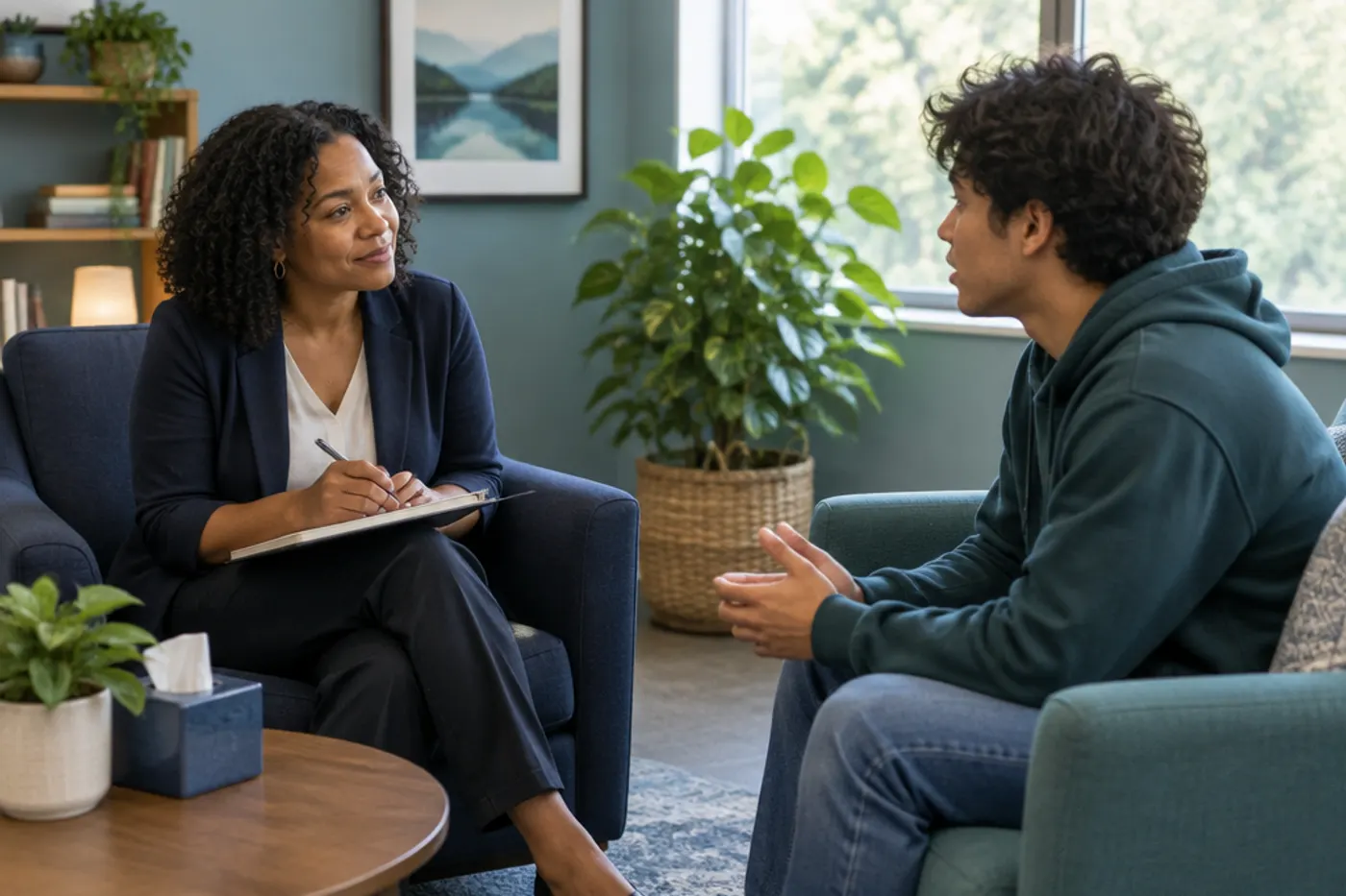 A counselor and a young adult client talking in a bright, calm counseling room with plants and armchairs