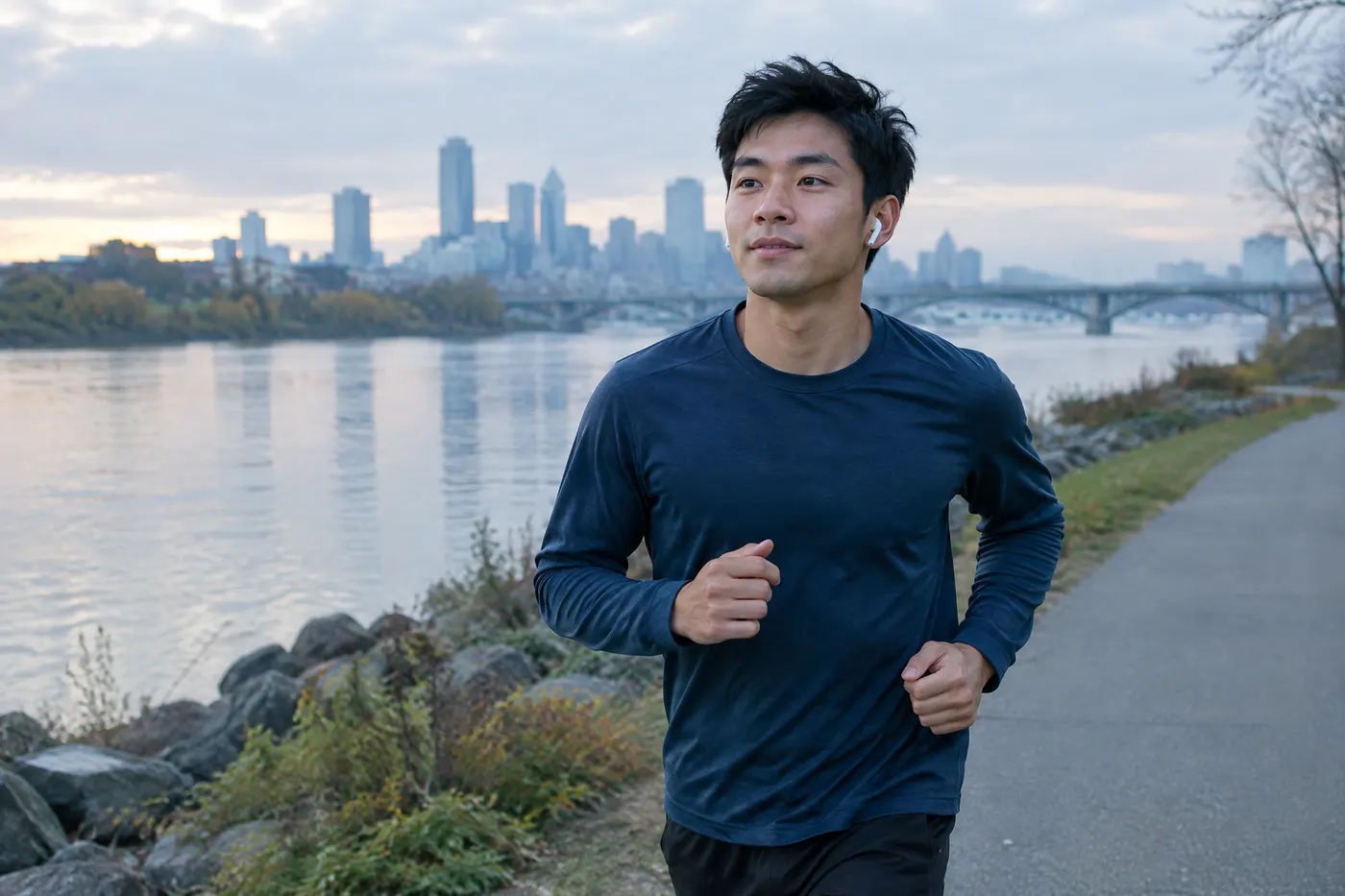 A young man jogging along a riverside path in the early morning