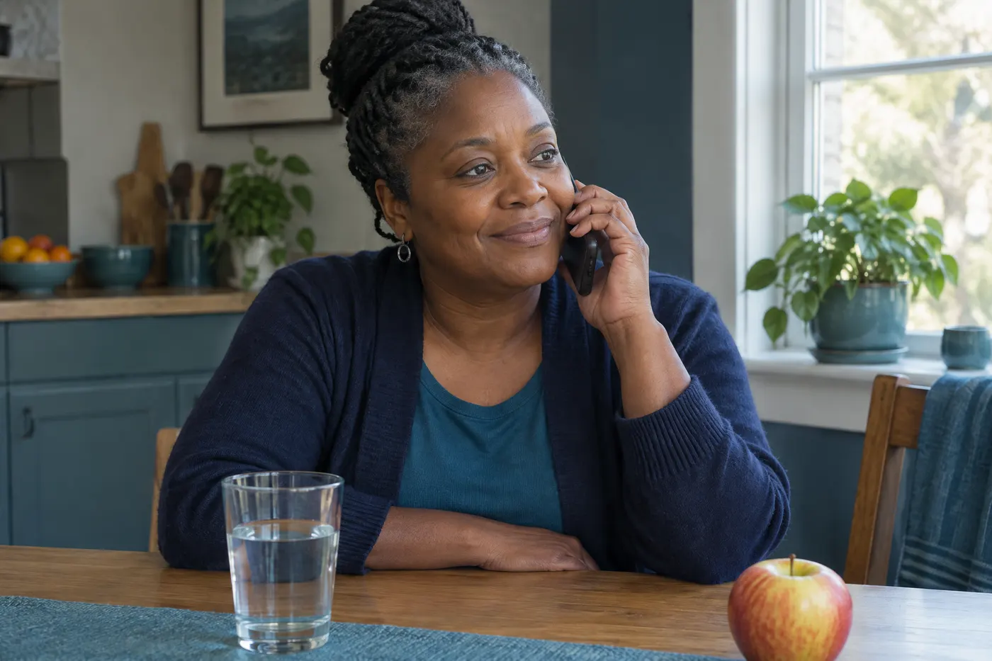 A woman at a kitchen table talking on her phone with a reassured smile