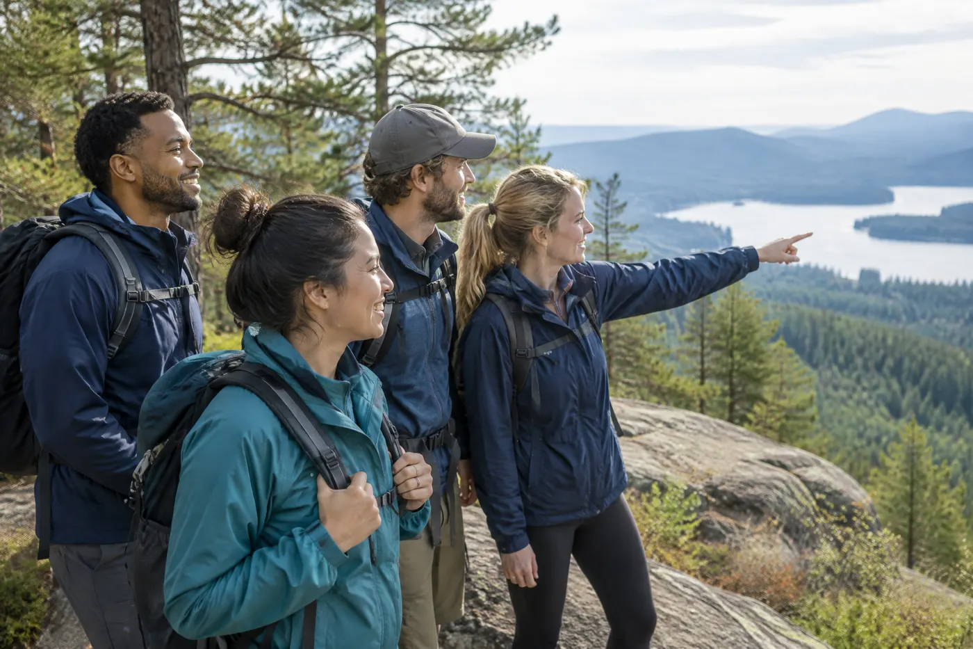 A small group of hikers stopping at a scenic overlook on a pine forest trail