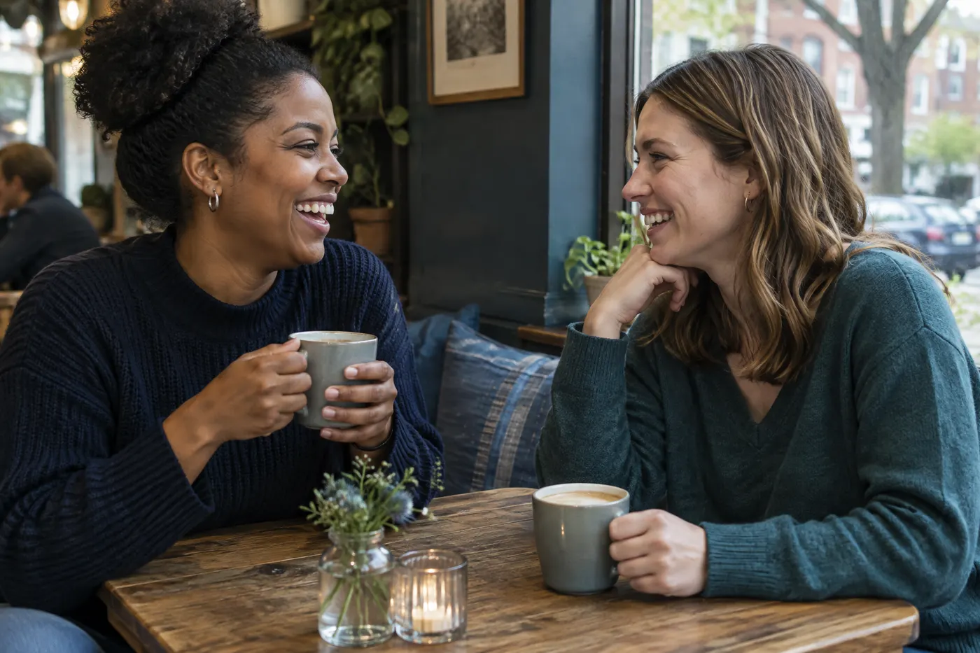 Two women laughing over coffee at a neighborhood café window table