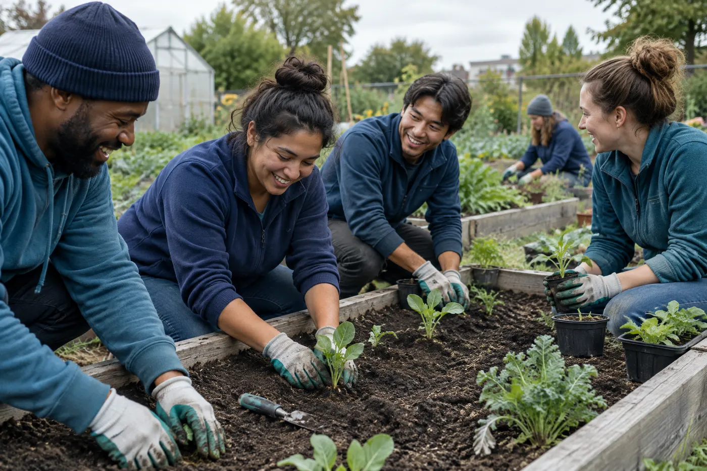 A group of adults volunteering together at a community garden, planting seedlings