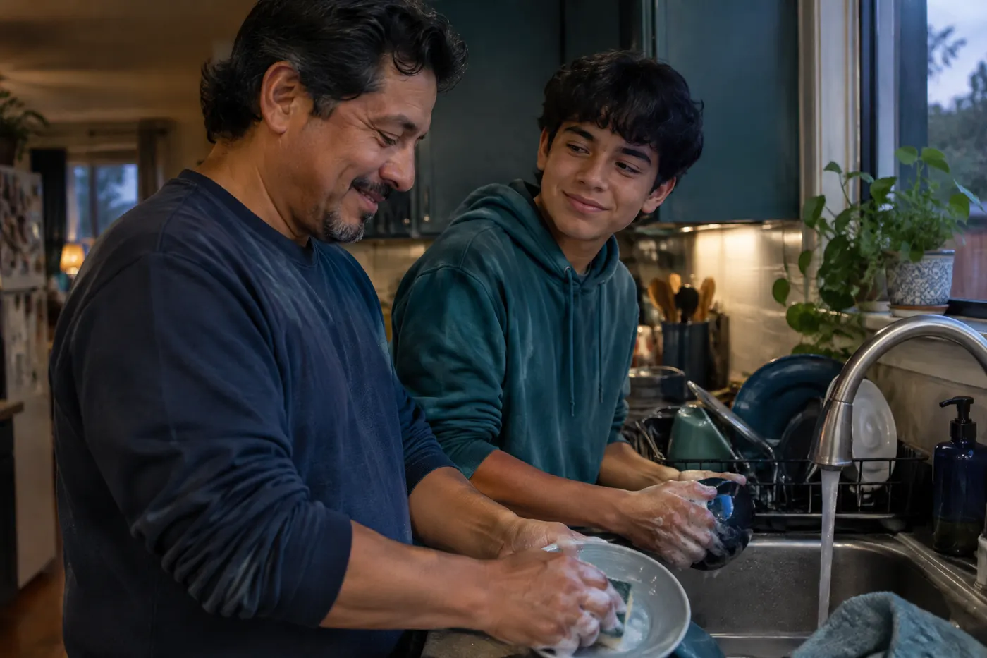 A father and his teenage son washing dishes together at a kitchen sink