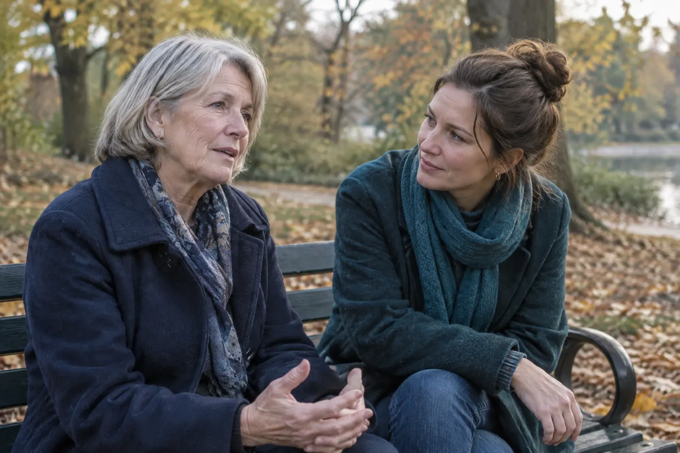 An older woman and her adult daughter talking quietly on a park bench in autumn