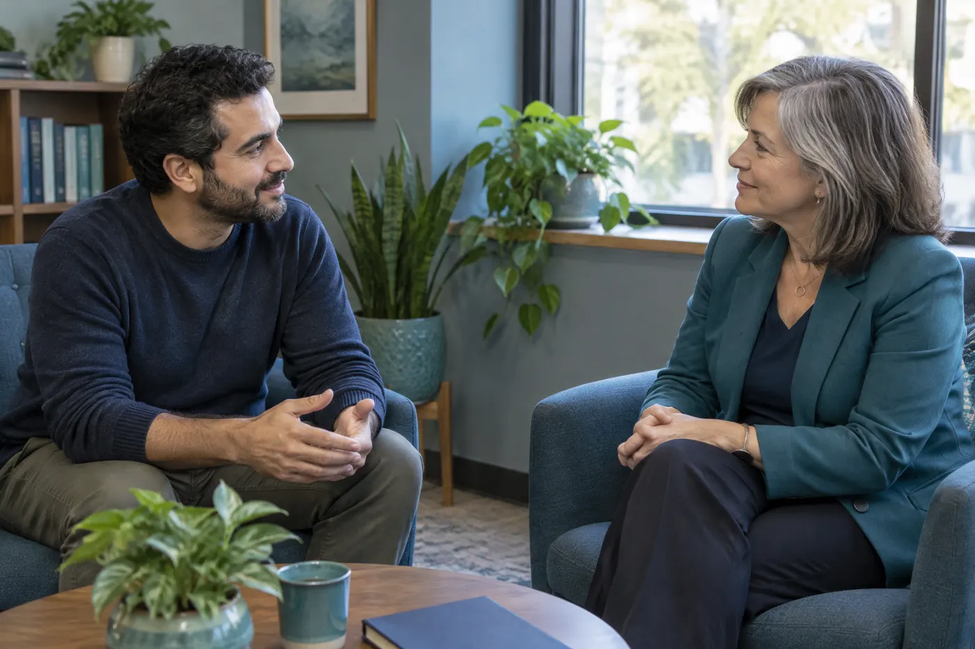 An employee and his manager having a calm one-on-one conversation in a small office
