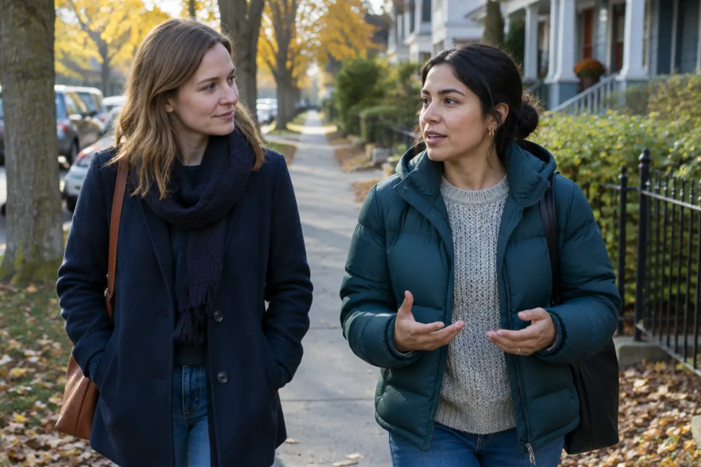 Two women walking side by side on a neighborhood sidewalk in autumn, one listening closely to the other