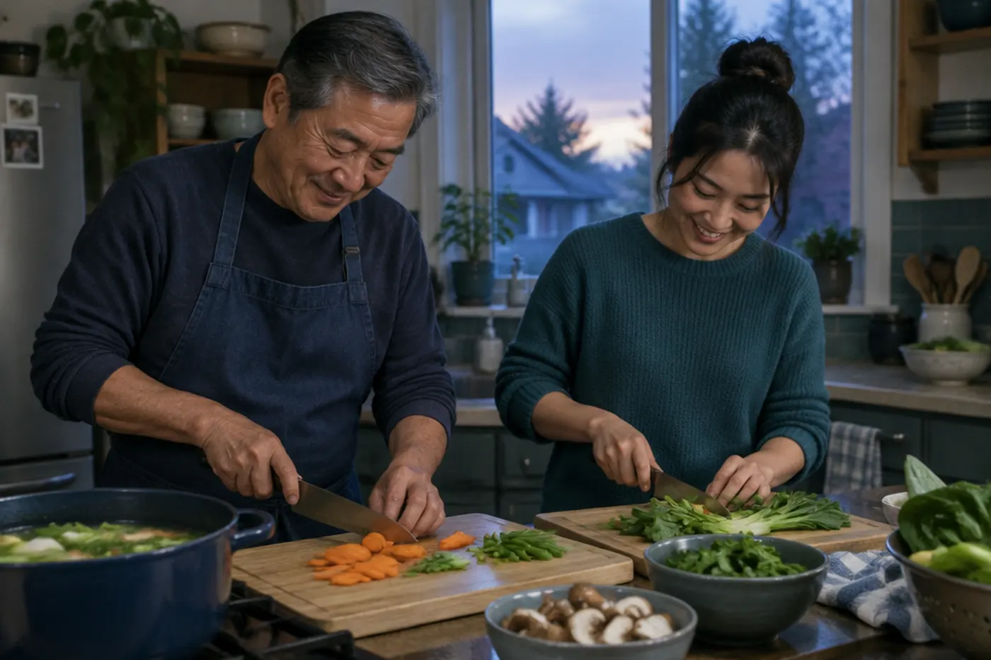 An older father and his adult daughter chopping vegetables together in a home kitchen at dusk