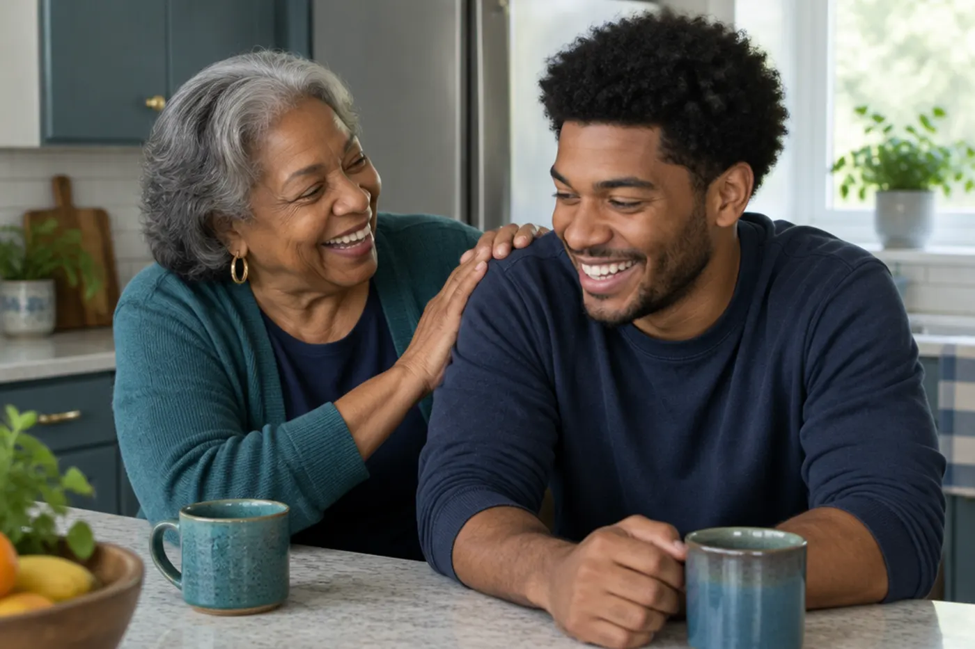 A grandmother resting her hand on her grown grandson’s shoulder as they laugh together at a kitchen counter