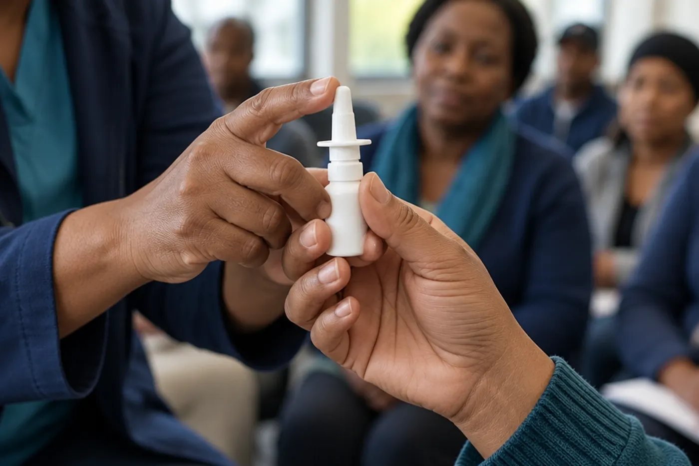 Close-up of one person’s hand guiding another’s as they hold a plain, unbranded nasal spray device during a training session