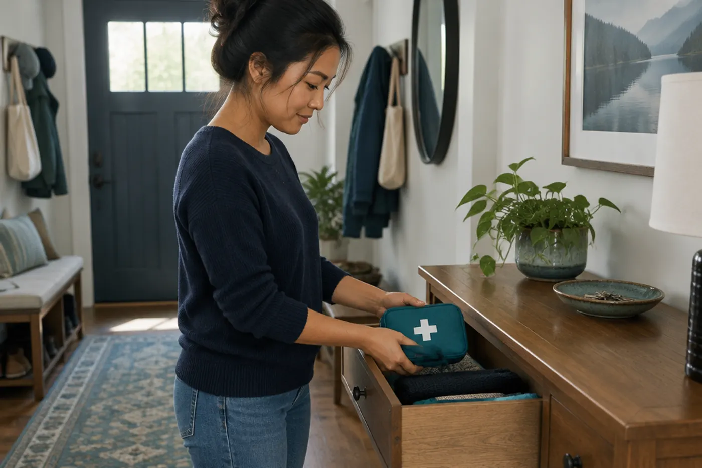 A young woman placing a small first-aid pouch into an entryway table drawer at home