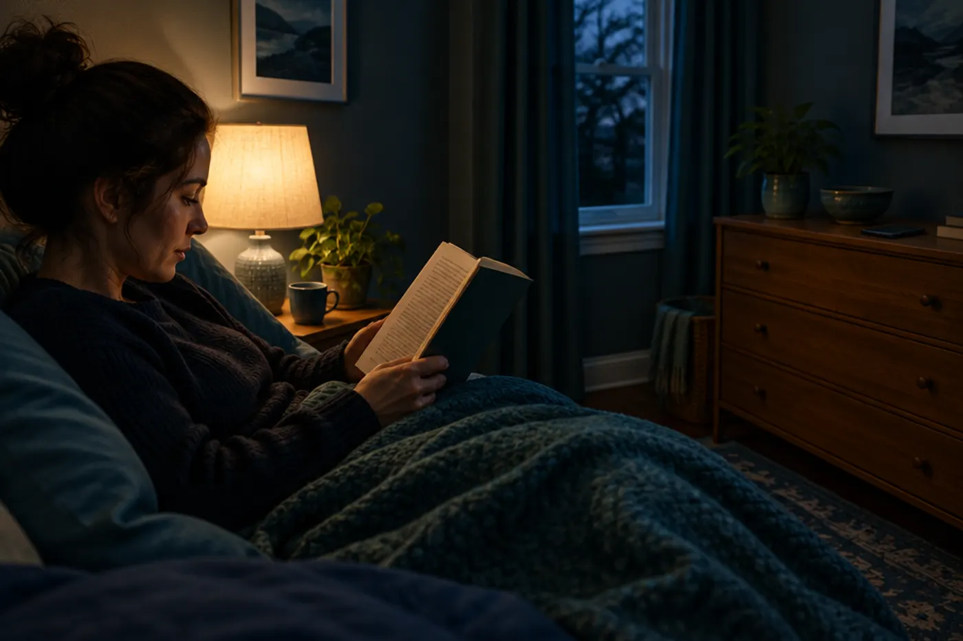 A person reading a paperback under a warm bedside lamp in a dim bedroom, phone face-down across the room
