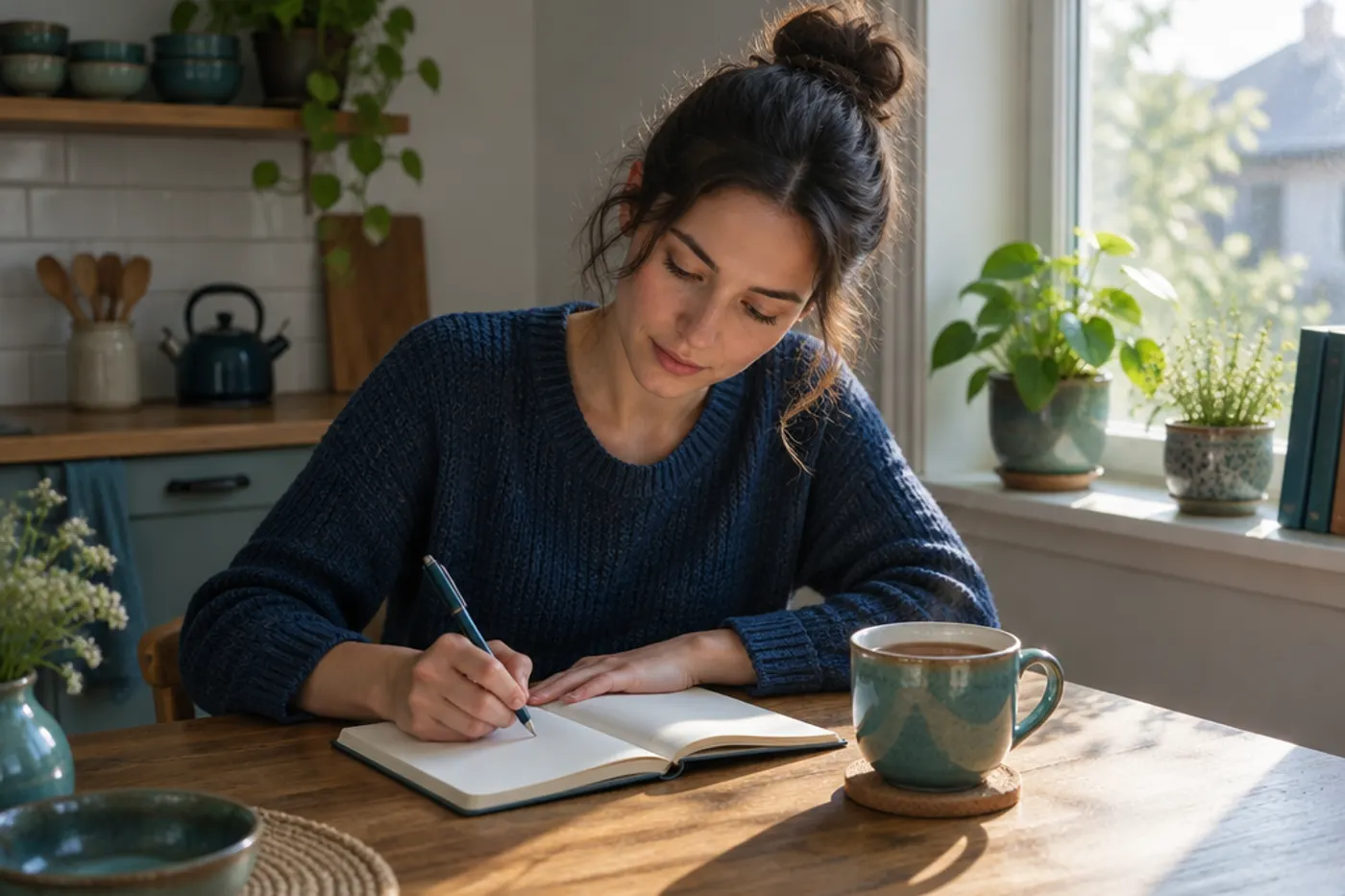 A young woman writing in a notebook at a kitchen table in morning sunlight with a cup of tea