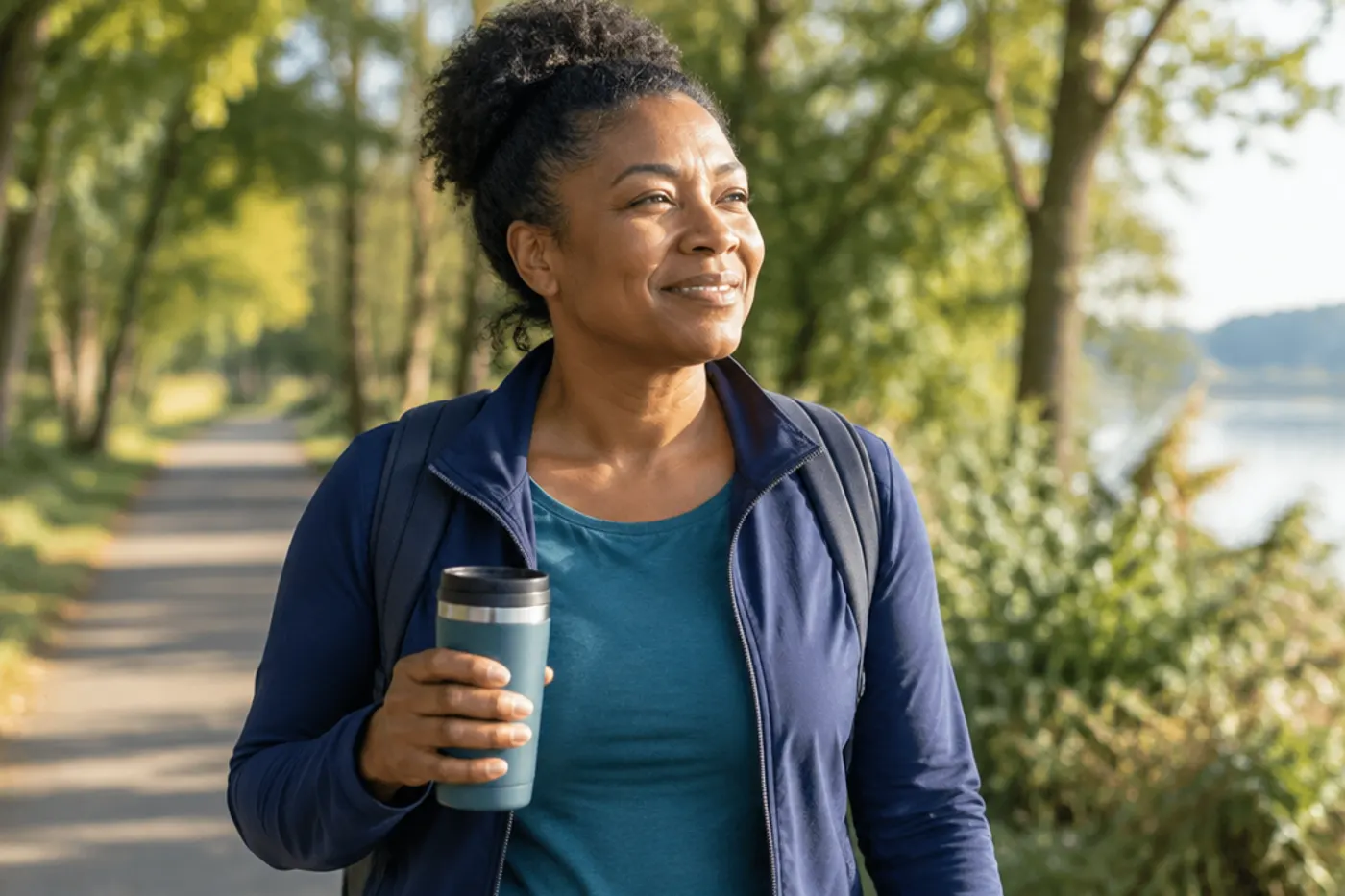 A woman walking on a tree-lined path in bright morning sun holding a travel mug