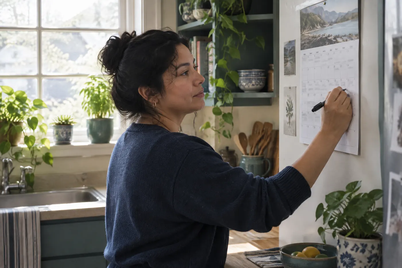 A woman writing a weekly schedule on a paper calendar in a sunlit kitchen