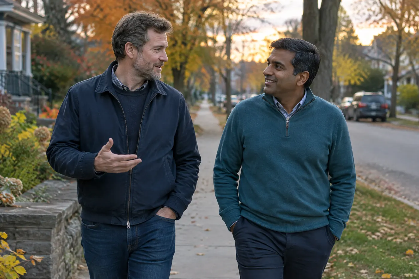 Two men walking and talking on a tree-lined neighborhood sidewalk in the evening