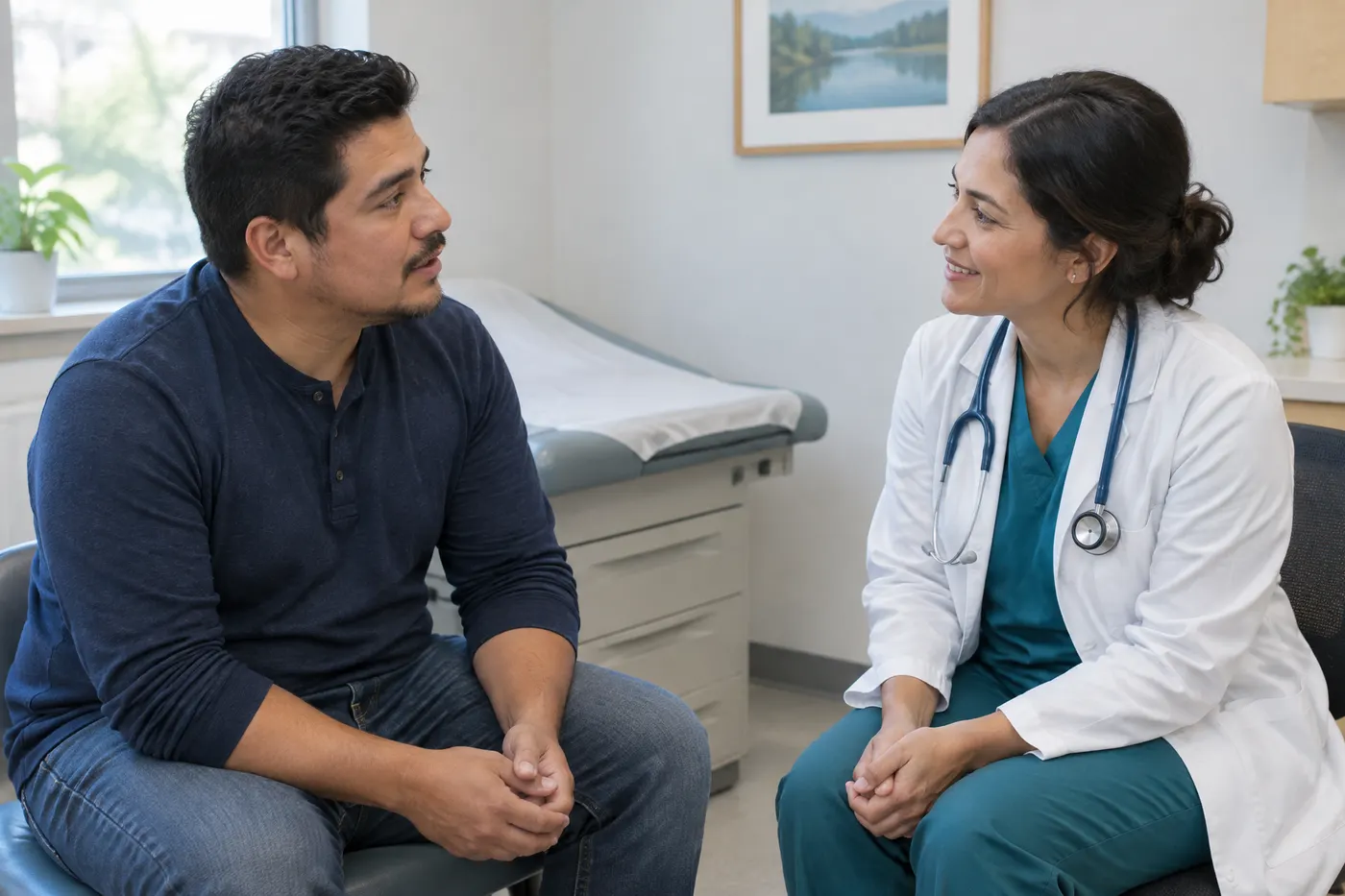 A man in conversation with a doctor in a bright clinic exam room