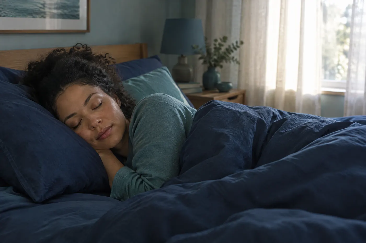 A woman sleeping peacefully in a calm bedroom with morning light through curtains