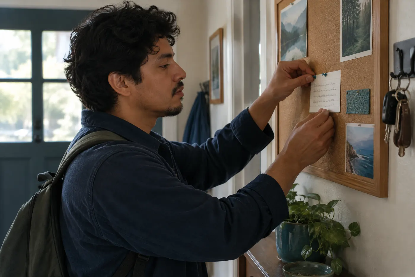 A young man pinning a handwritten index card to a cork board by his front door