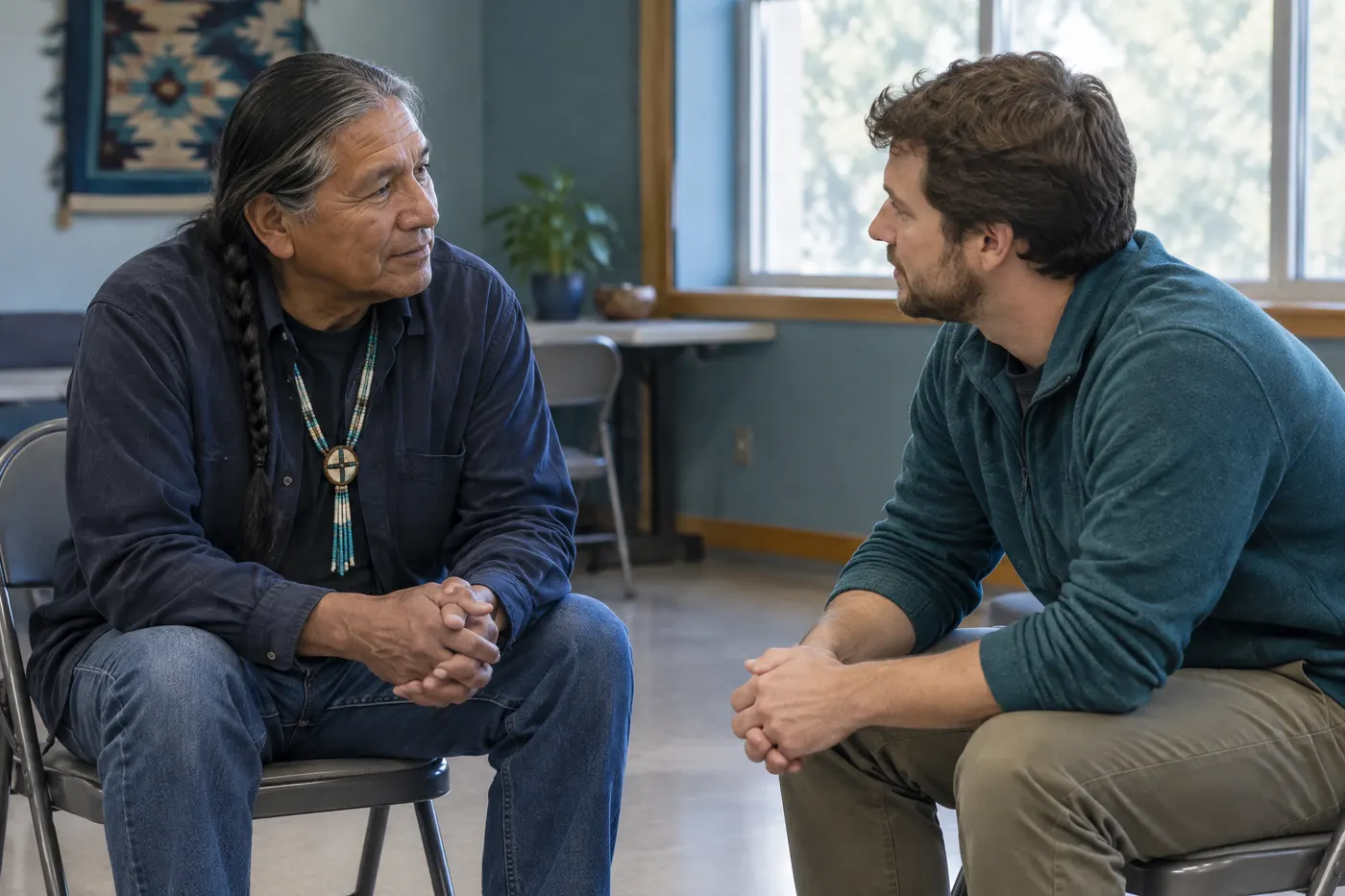 An older man and a younger man talking one-on-one on folding chairs in a community center