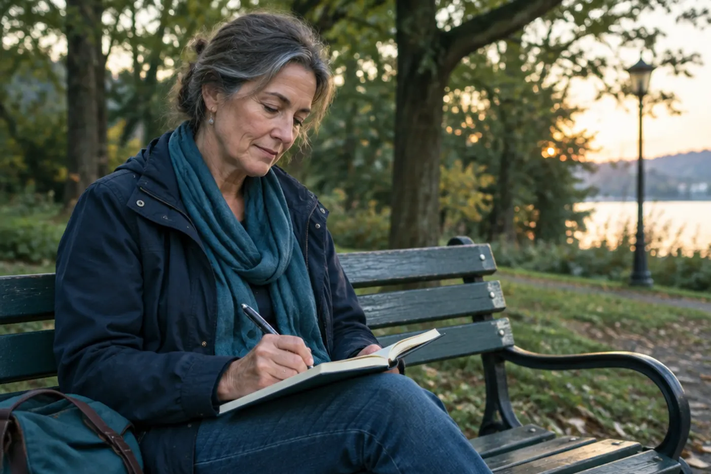 A woman in her fifties writing in a journal on a park bench in early evening light