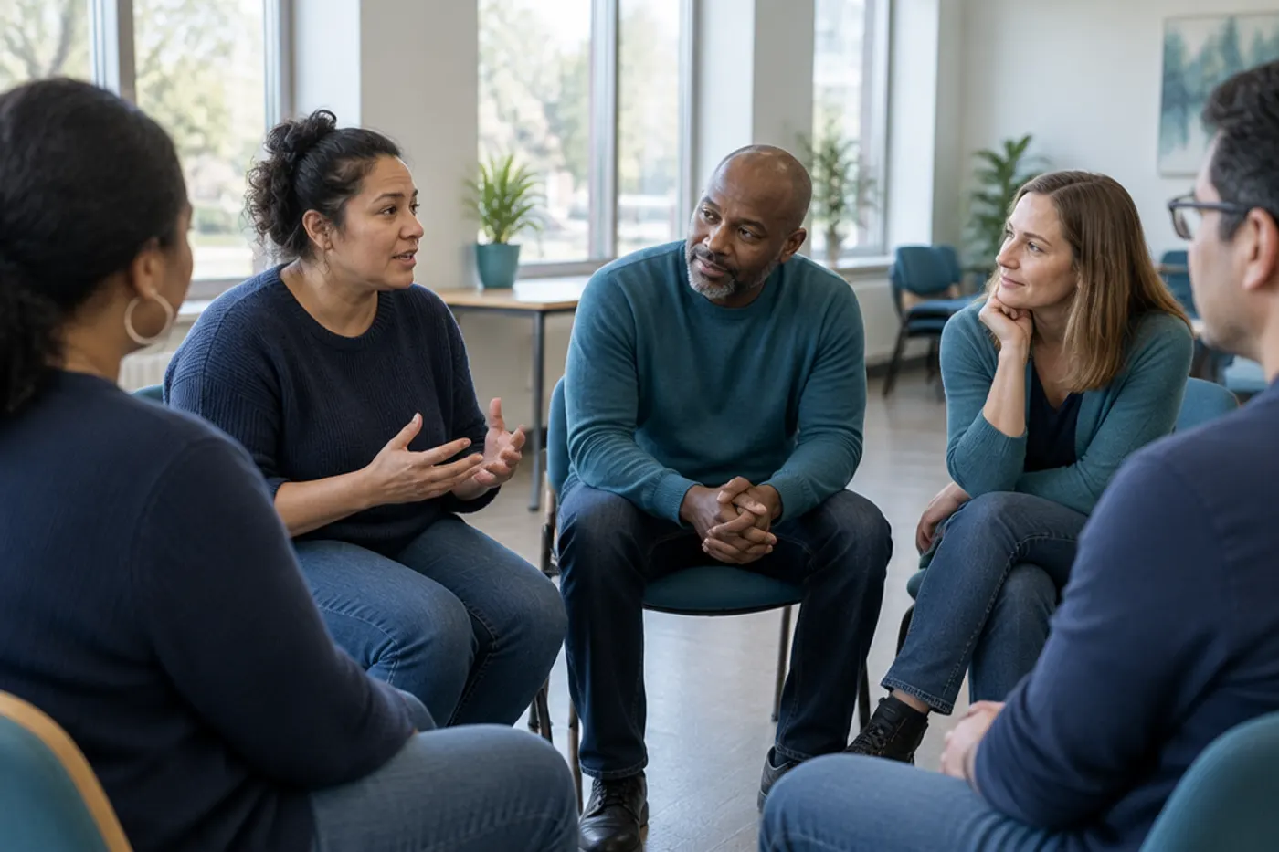 A small circle of family members in a bright community room, one parent sharing while others listen