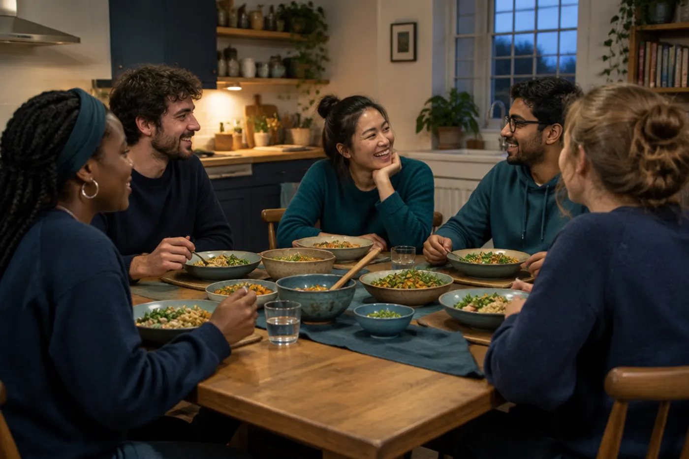 Five adult housemates sharing a simple dinner around a wooden kitchen table, laughing and talking