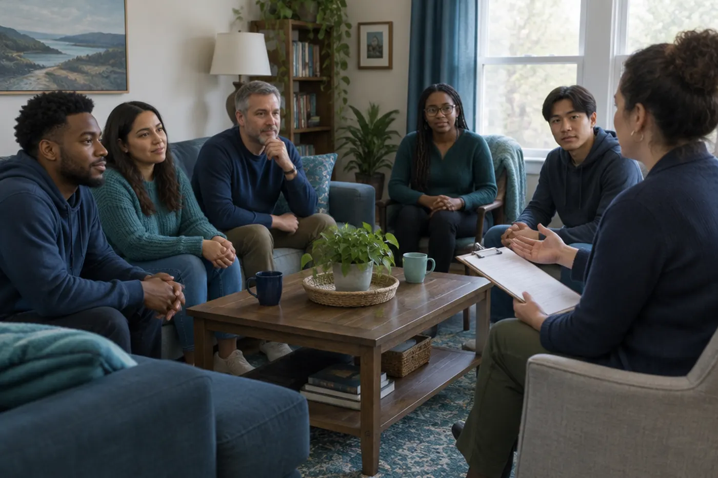 Housemates gathered in a living room for a house meeting, listening to a house manager holding a clipboard