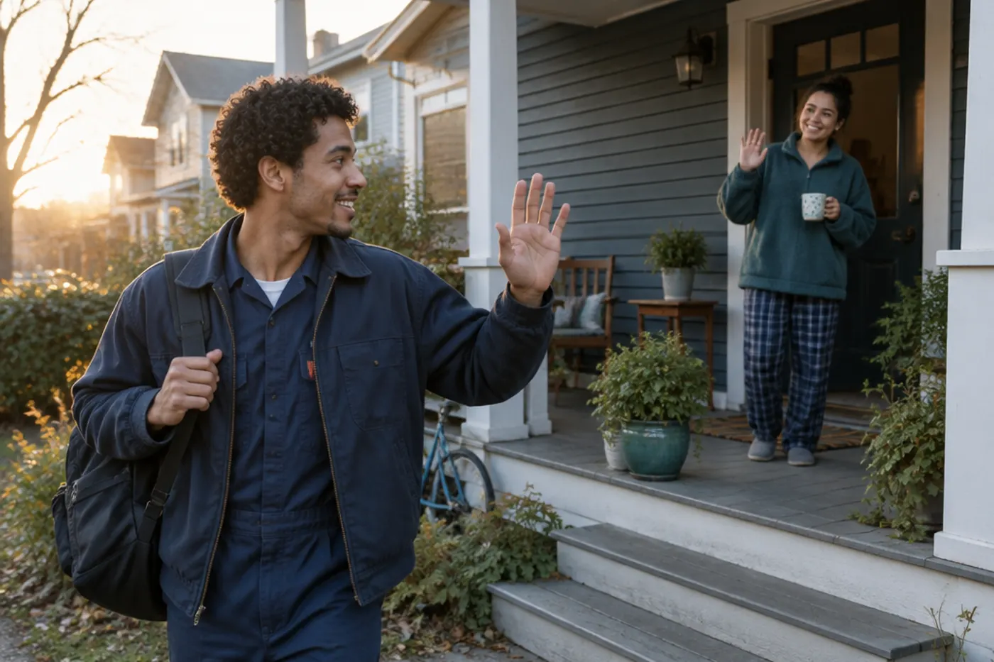 A young man in work clothes waving goodbye to a housemate on the porch as he leaves for work at sunrise