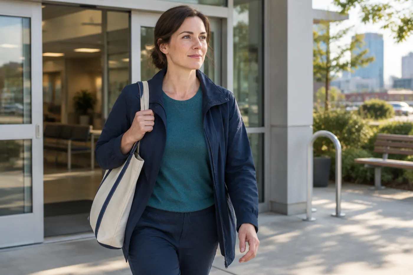 A woman walking out of a modern outpatient clinic into soft morning sunlight carrying a tote bag