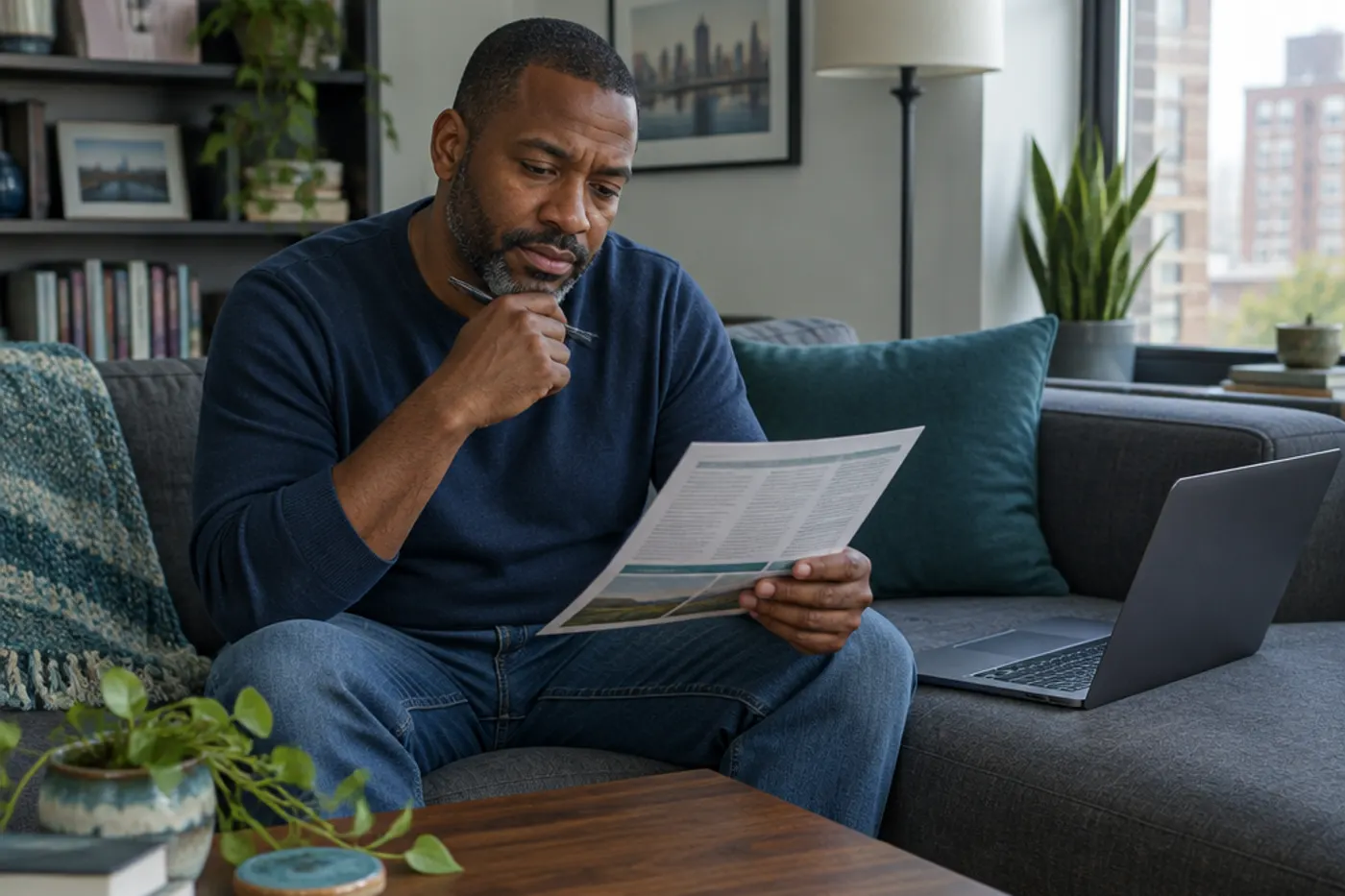 A man on a sofa at home reading a printed information leaflet with a pen in hand