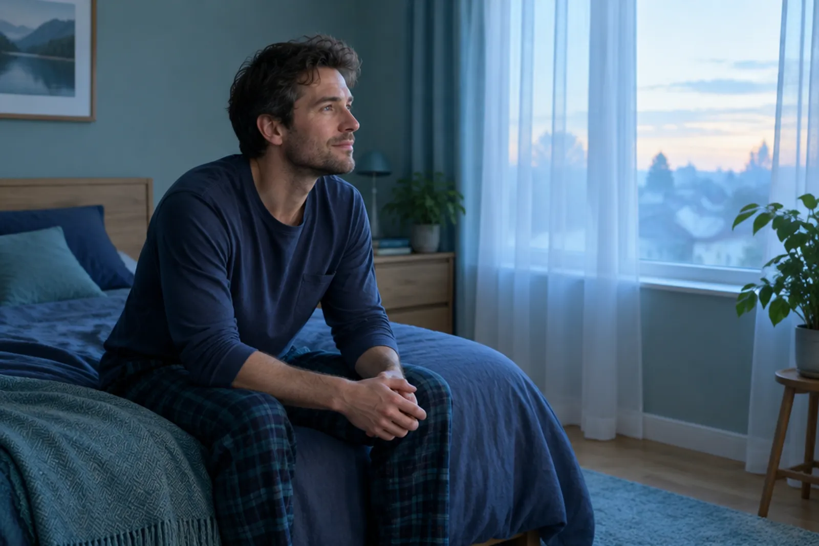 A man sitting on the edge of his bed at dawn in soft blue light, calm and awake