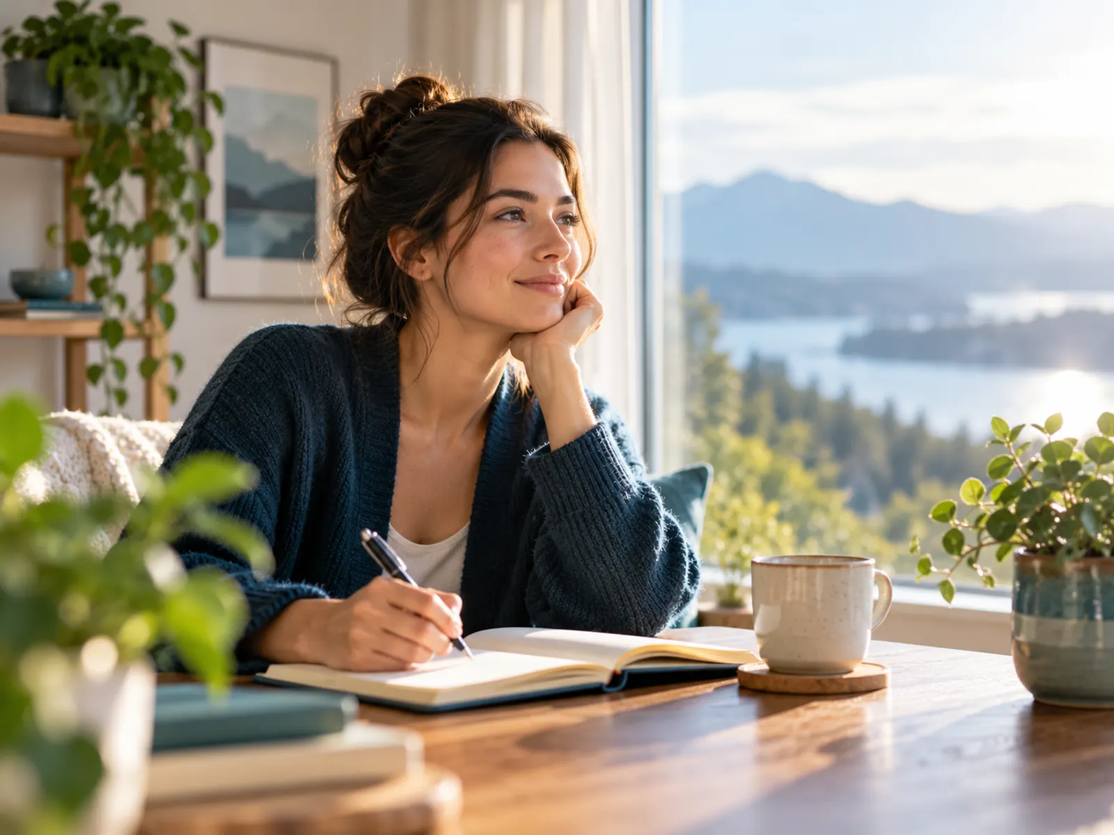 A woman writing in a notebook at a window overlooking a lake