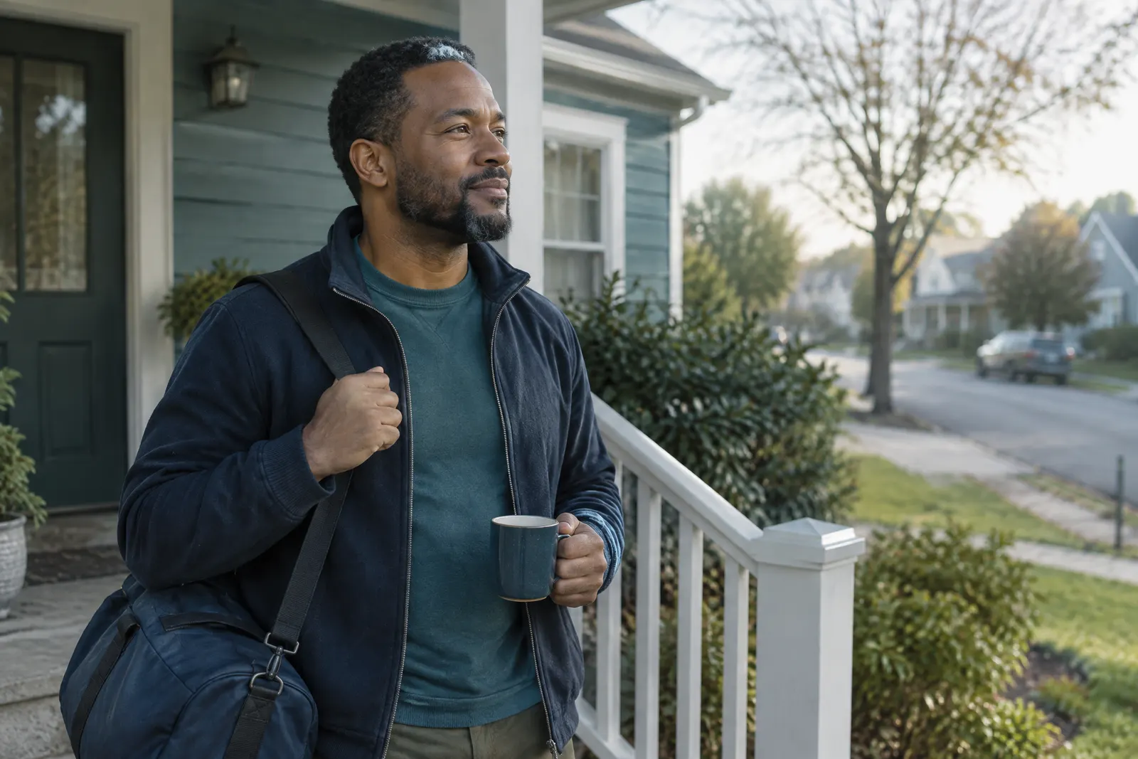 A man with a duffel bag and a coffee mug standing on the front steps of a house in morning light