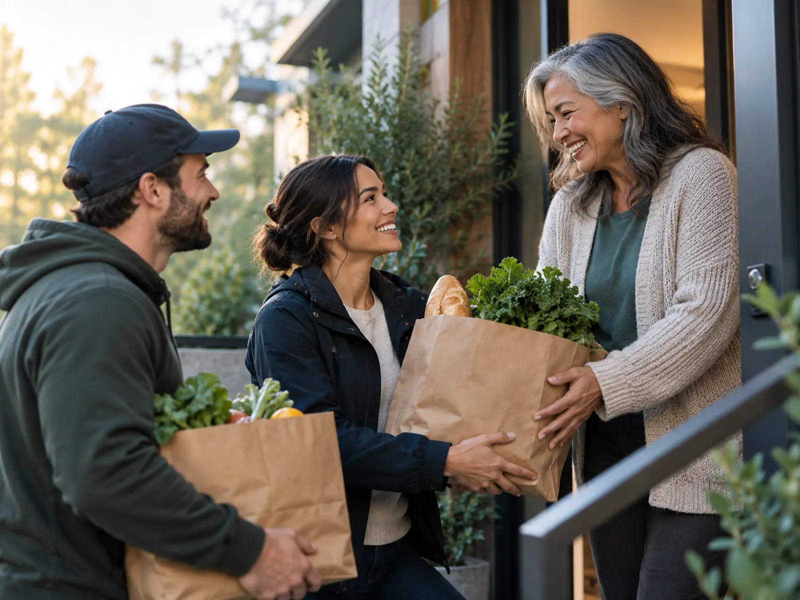 Neighbors handing over grocery bags at a front door, smiling