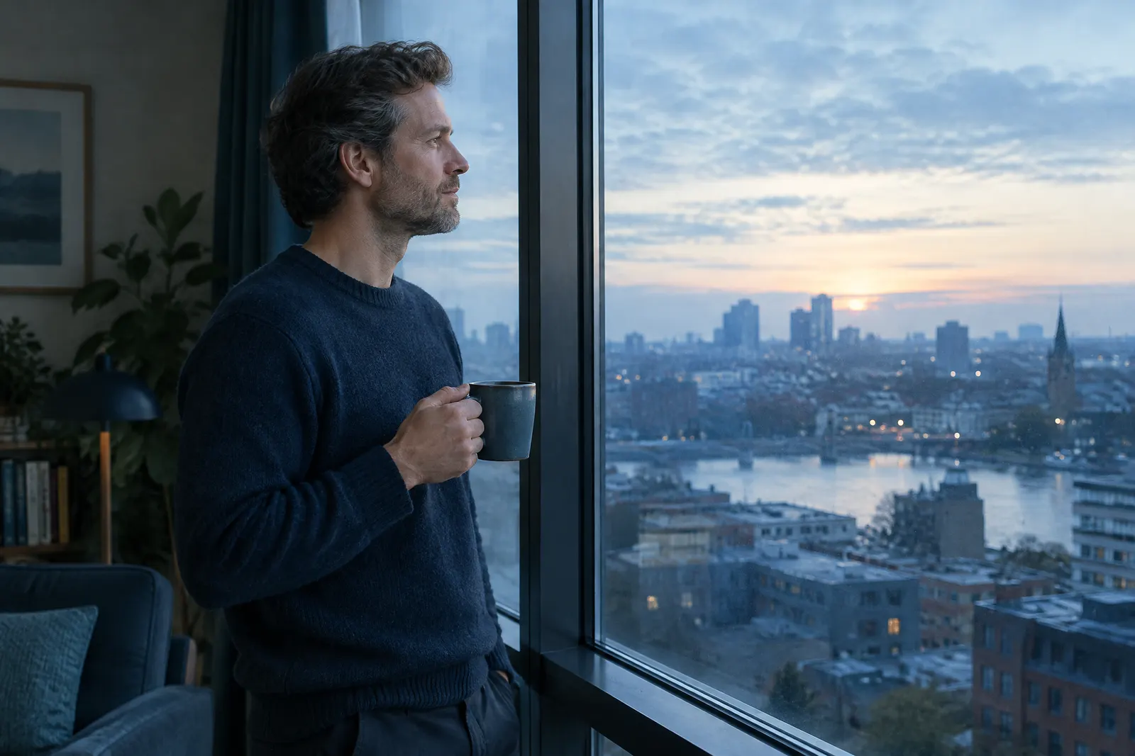 A man holding a mug at a large window at dawn, looking out over a quiet city