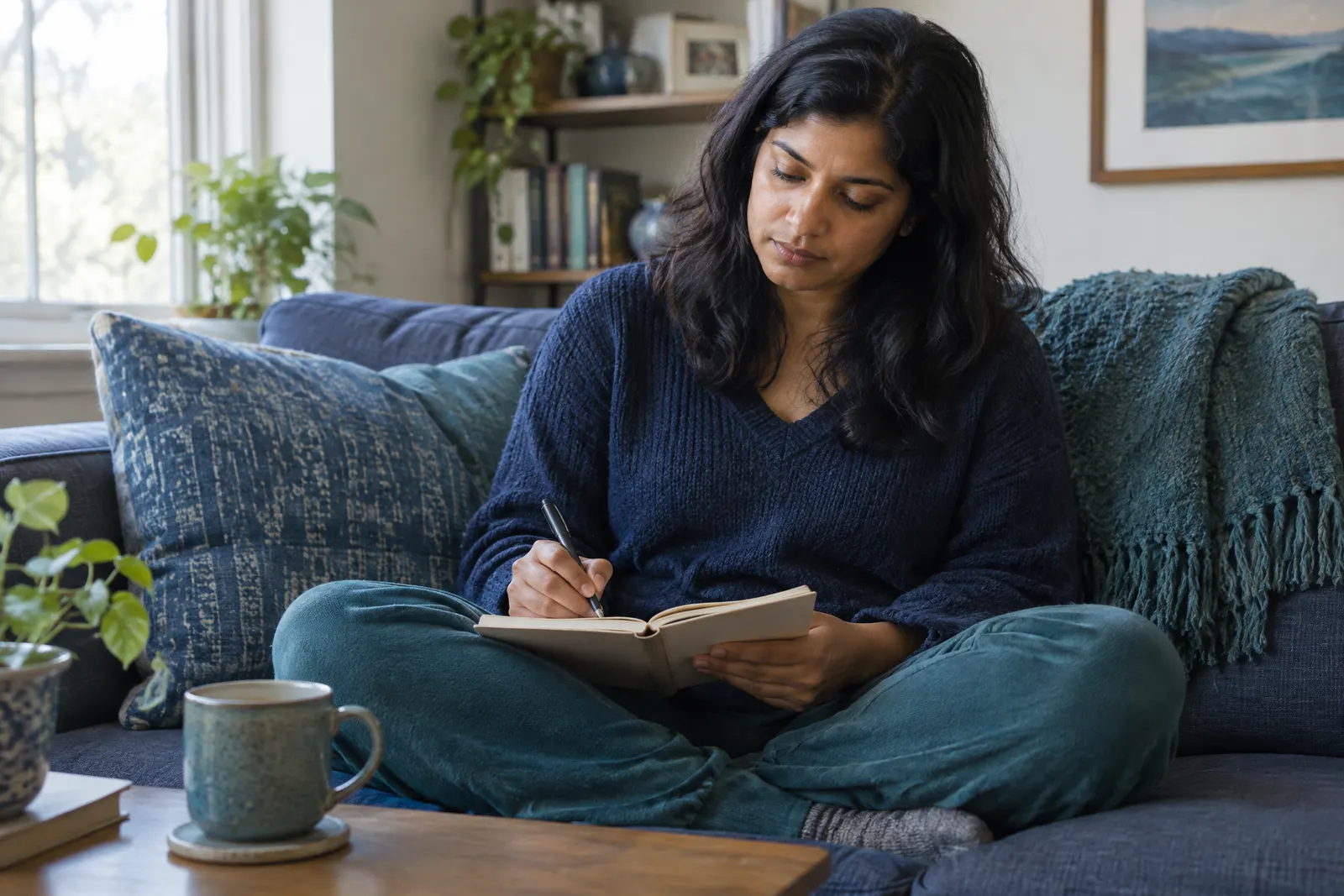 A woman sitting cross-legged on a couch writing in a notebook in soft morning light
